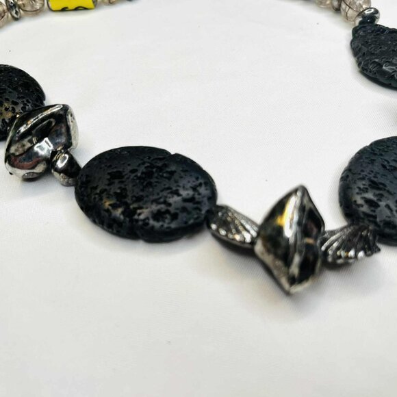 Vintage Lava Rock Necklace 1980s, Large Volcanic Stones, Glass & Metal Beads, 50 - Picture 5 of 7
